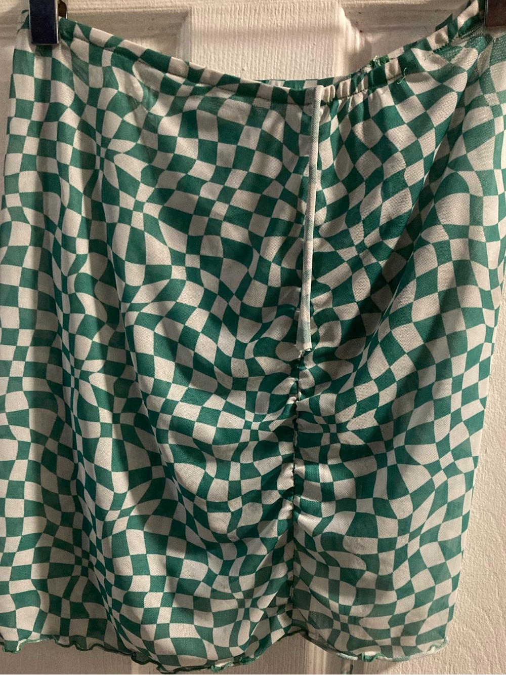 refuge Green and White Checker Ruched Mini Skirt